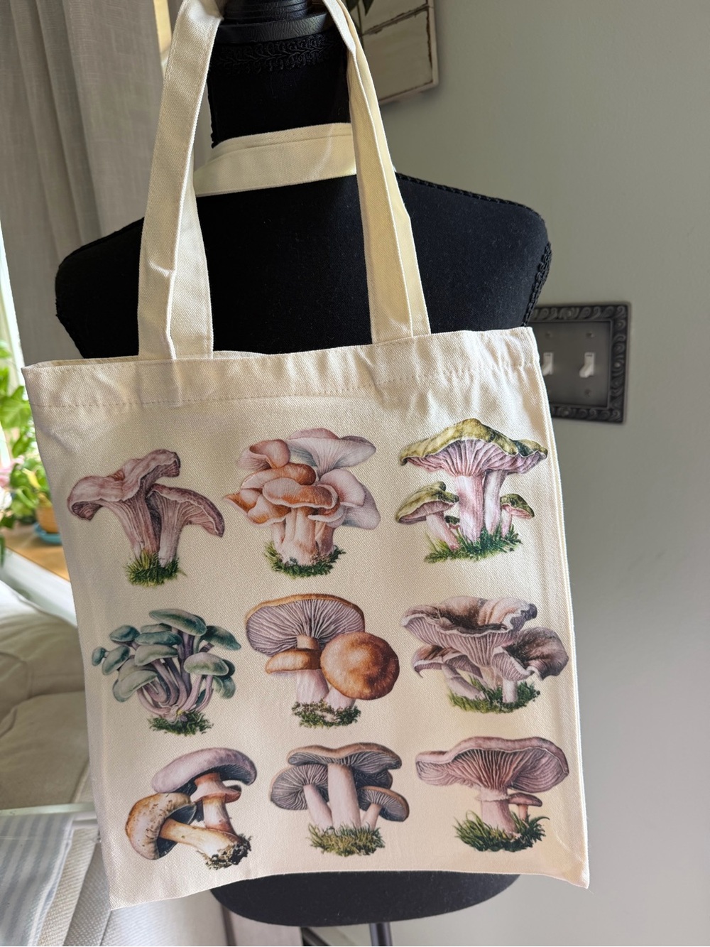 Cream Canvas Tote with Watercolor Mushroom Print